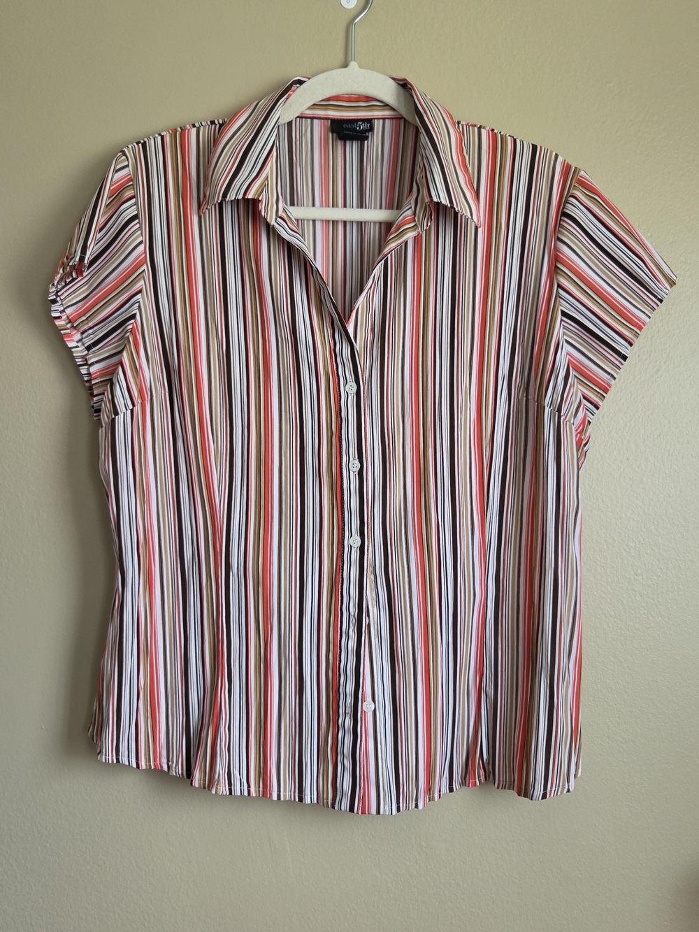 East 5th Petite Coral, White and Brown Striped Short Sleeve Button-Down Top